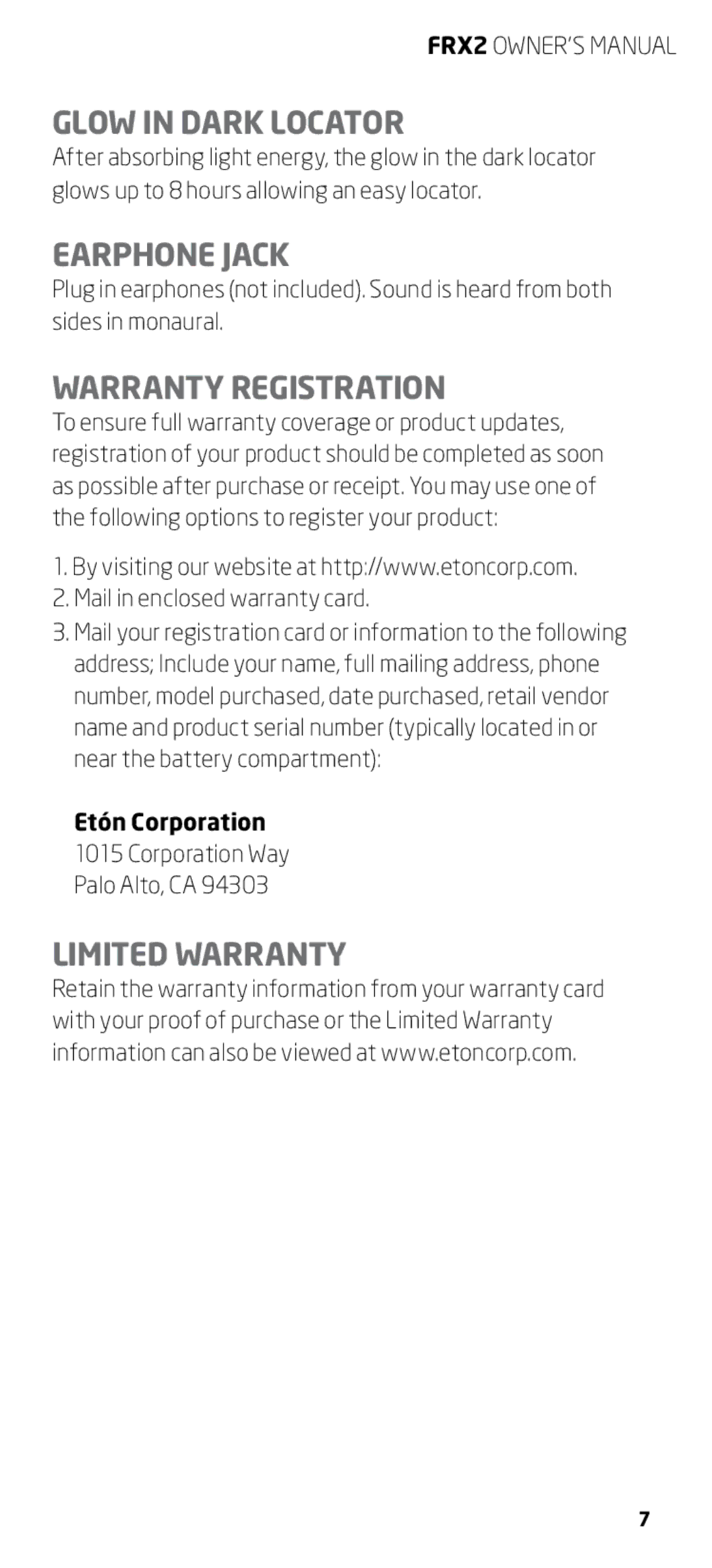 Eton FRX2 owner manual Glow in Dark Locator, Earphone Jack, Warranty Registration, Limited Warranty 