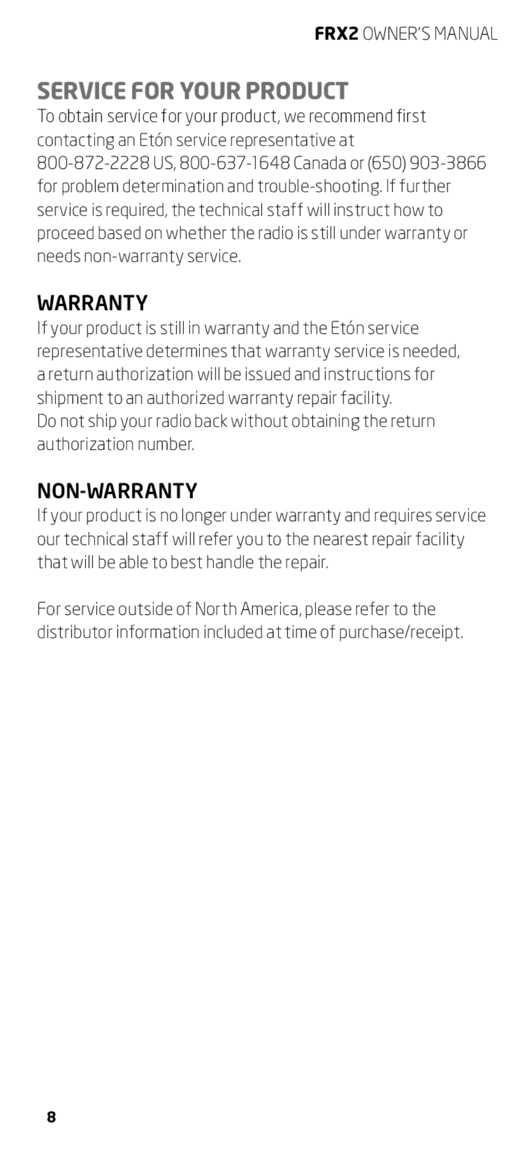 Eton FRX2 owner manual Service for Your Product, Warranty 