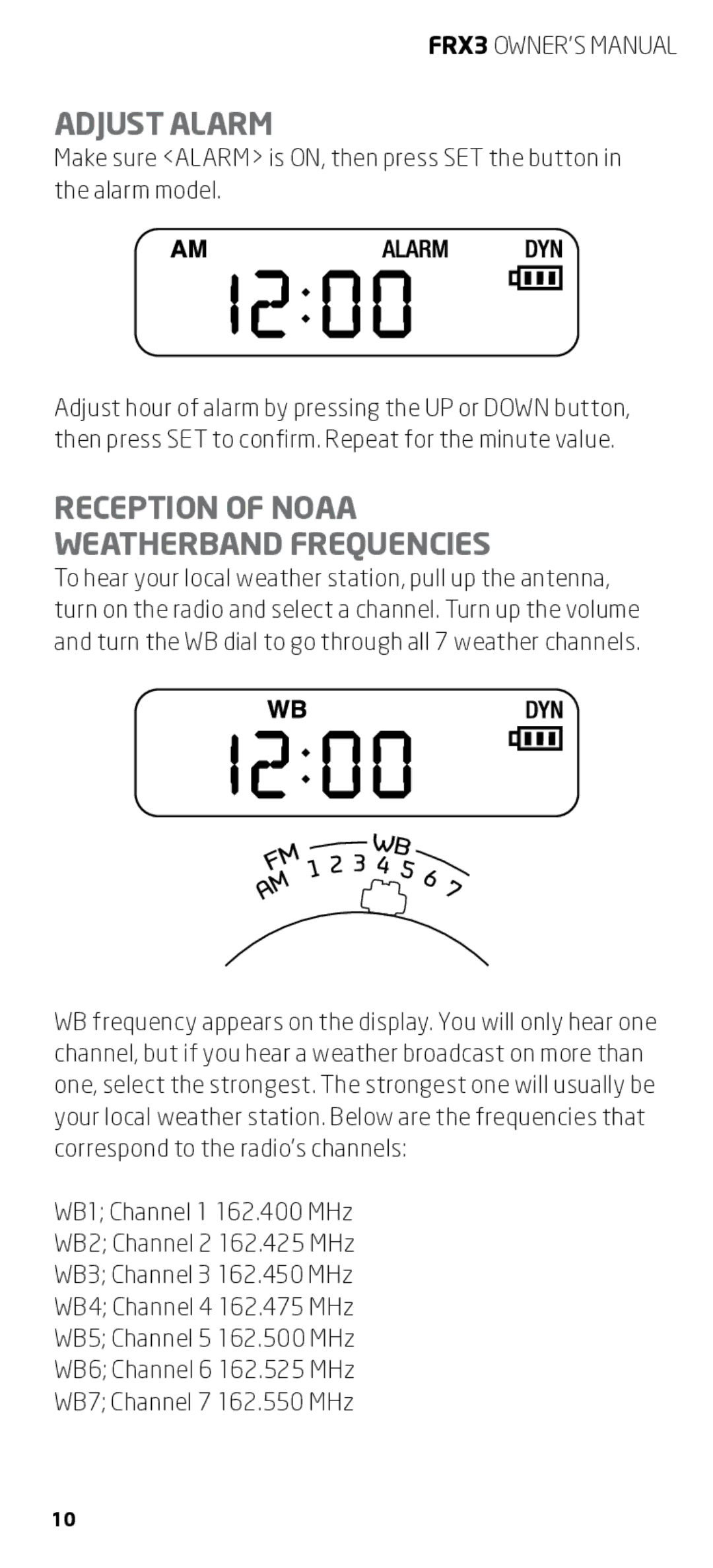 Eton FRX3 owner manual Adjust alarm, Reception of Noaa Weatherband Frequencies 