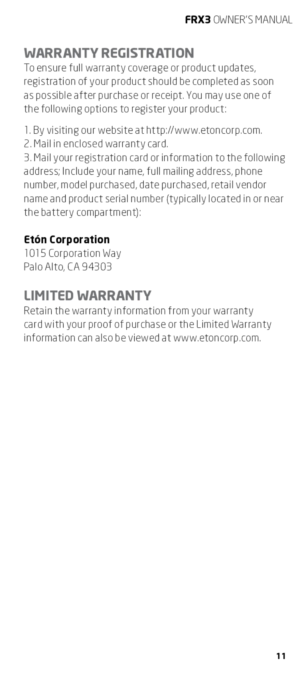 Eton FRX3 owner manual Warranty Registration, Limited Warranty 