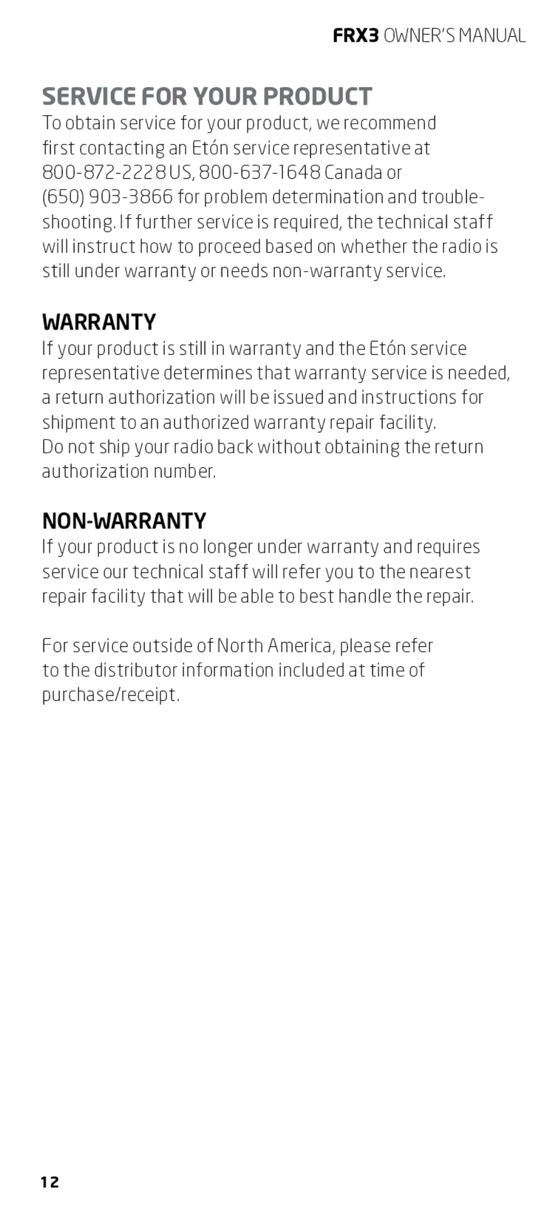 Eton FRX3 owner manual Service for Your Product, Warranty 