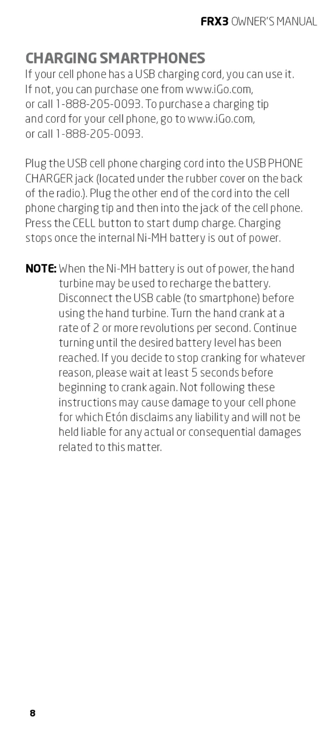 Eton FRX3 owner manual Charging Smartphones 