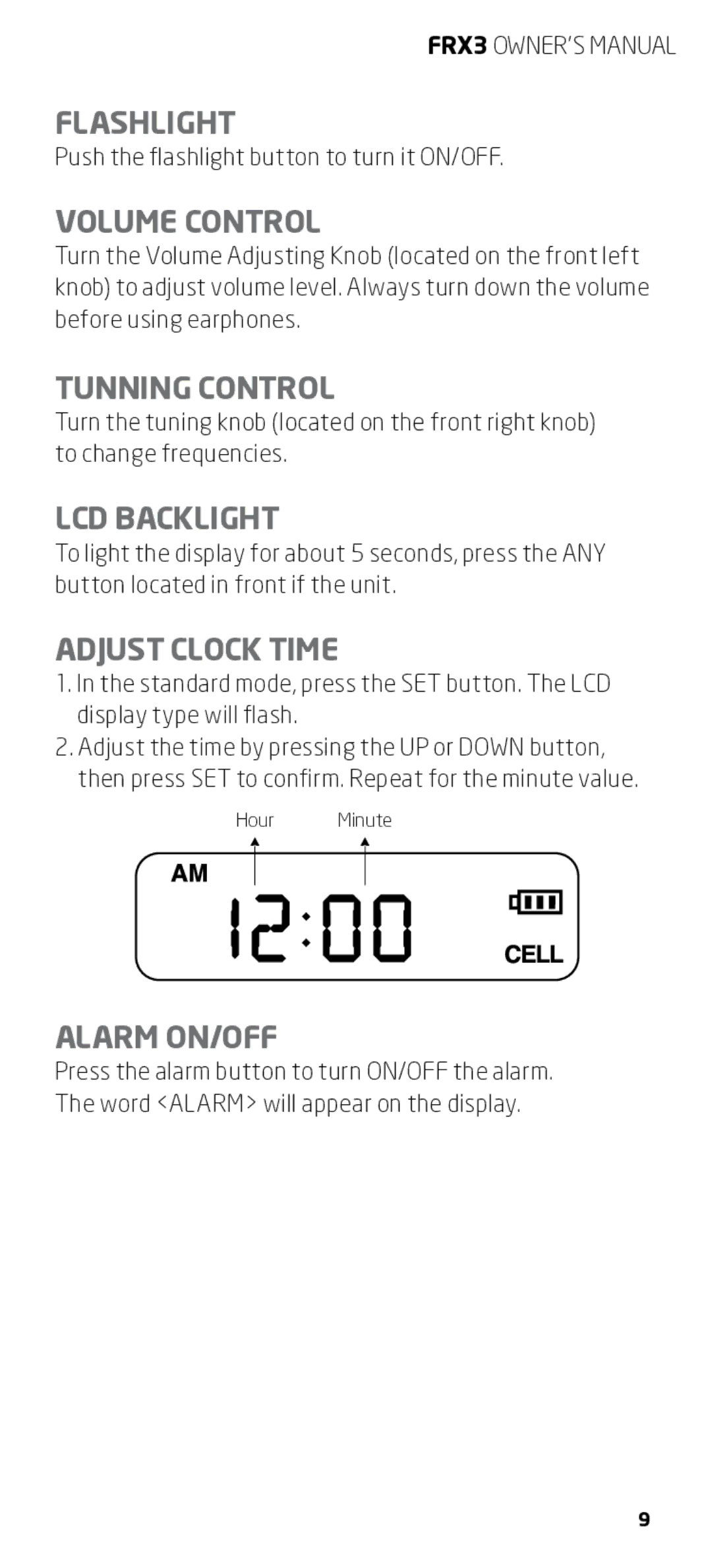 Eton FRX3 owner manual Flashlight, Volume Control, Tunning Control, LCD Backlight, Adjust clock time, Alarm ON/OFF 