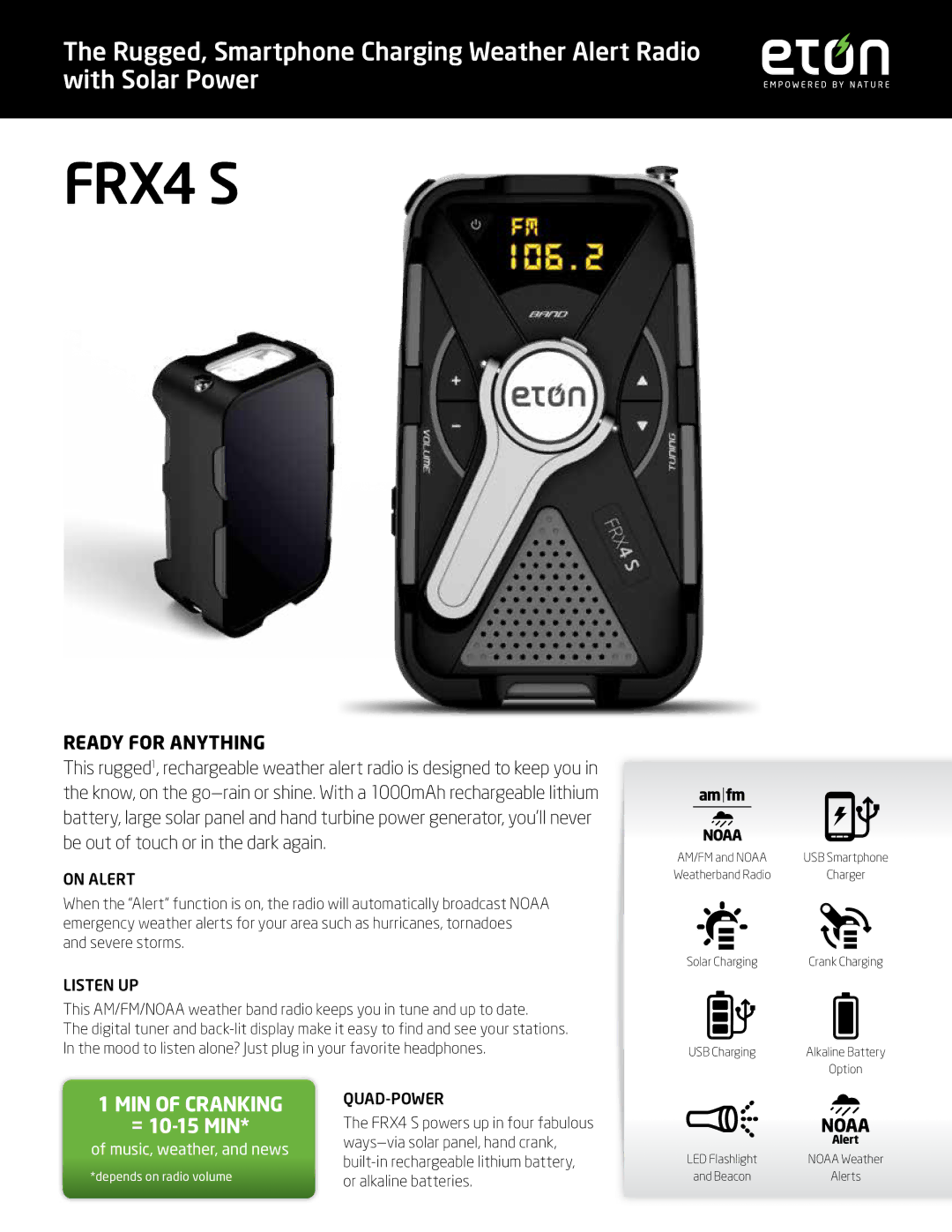 Eton FRX4 S manual On Alert, Listen UP, Quad-Power 