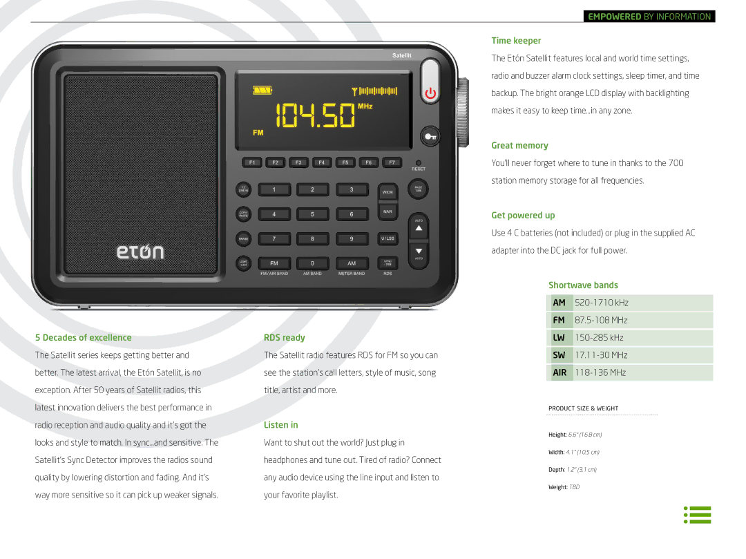 Eton FRX4 S, FRX5 S Decades of excellence, RDS ready, Listen, Time keeper, Great memory, Get powered up, Shortwave bands 