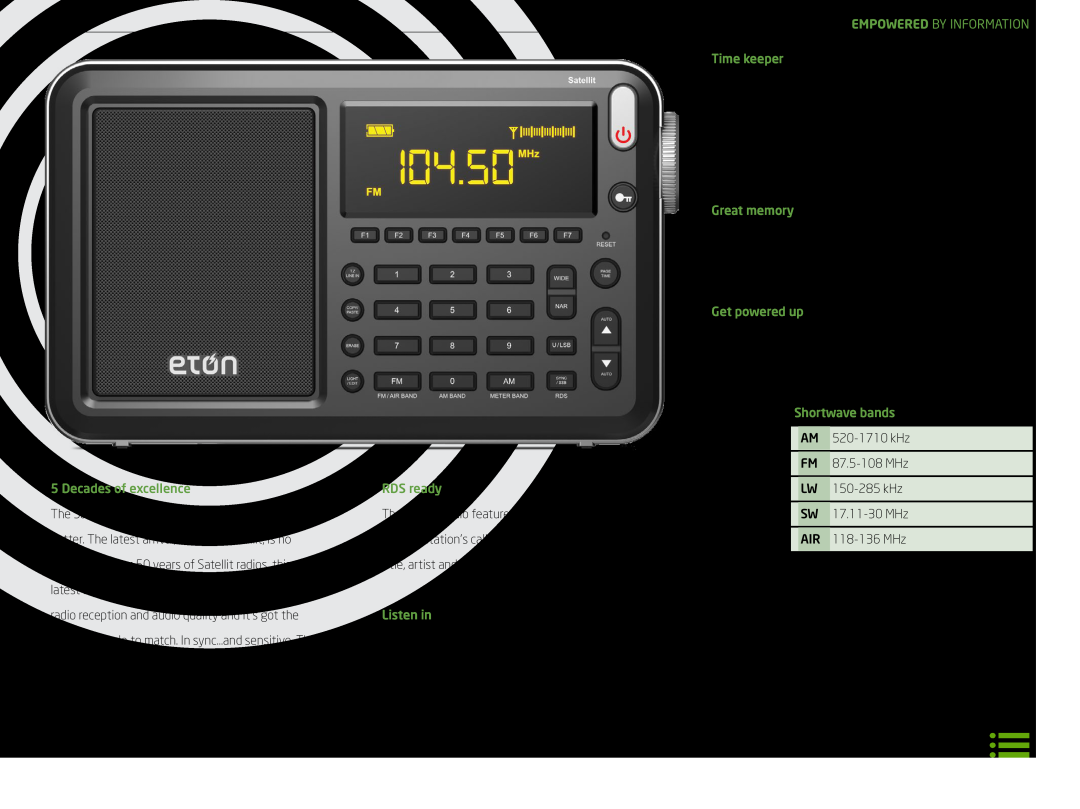 Eton FRX4 S, FRX5 S manual Empowered By Information, Decades of excellence, RDS ready, Listen in, Time keeper, Great memory 