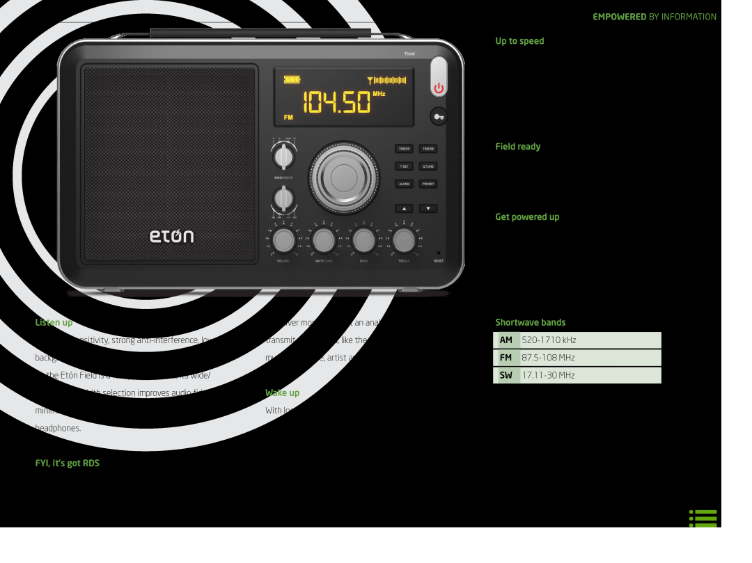 Eton FRX4 S Empowered By Information, Listen up, FYI, it’s got RDS, Wake up, Up to speed, Field ready, Get powered up 