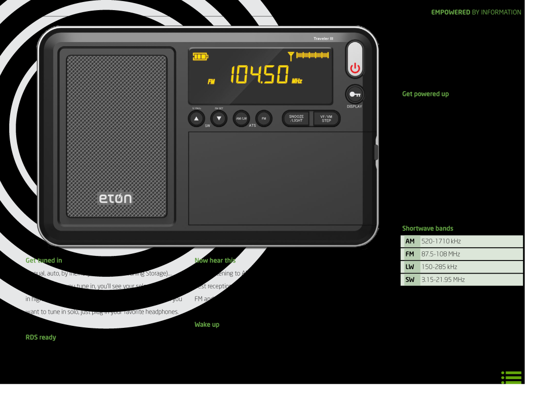 Eton FRX4 S Empowered By Information, Get tuned in, RDS ready, Now hear this, Wake up, Get powered up, Shortwave bands 