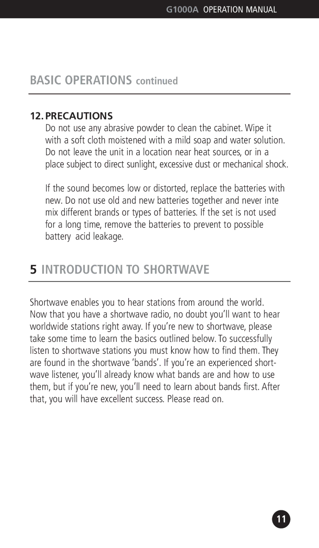 Eton G1000A operation manual Introduction to Shortwave, Precautions 