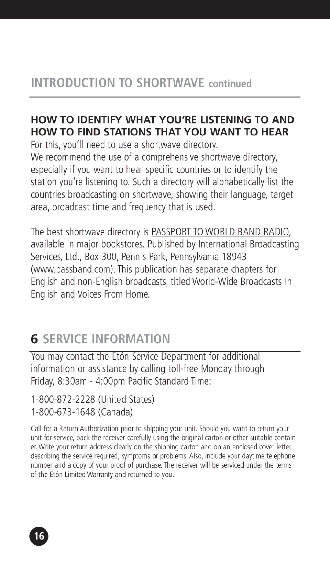 Eton G1000A operation manual Service Information, United States Canada 