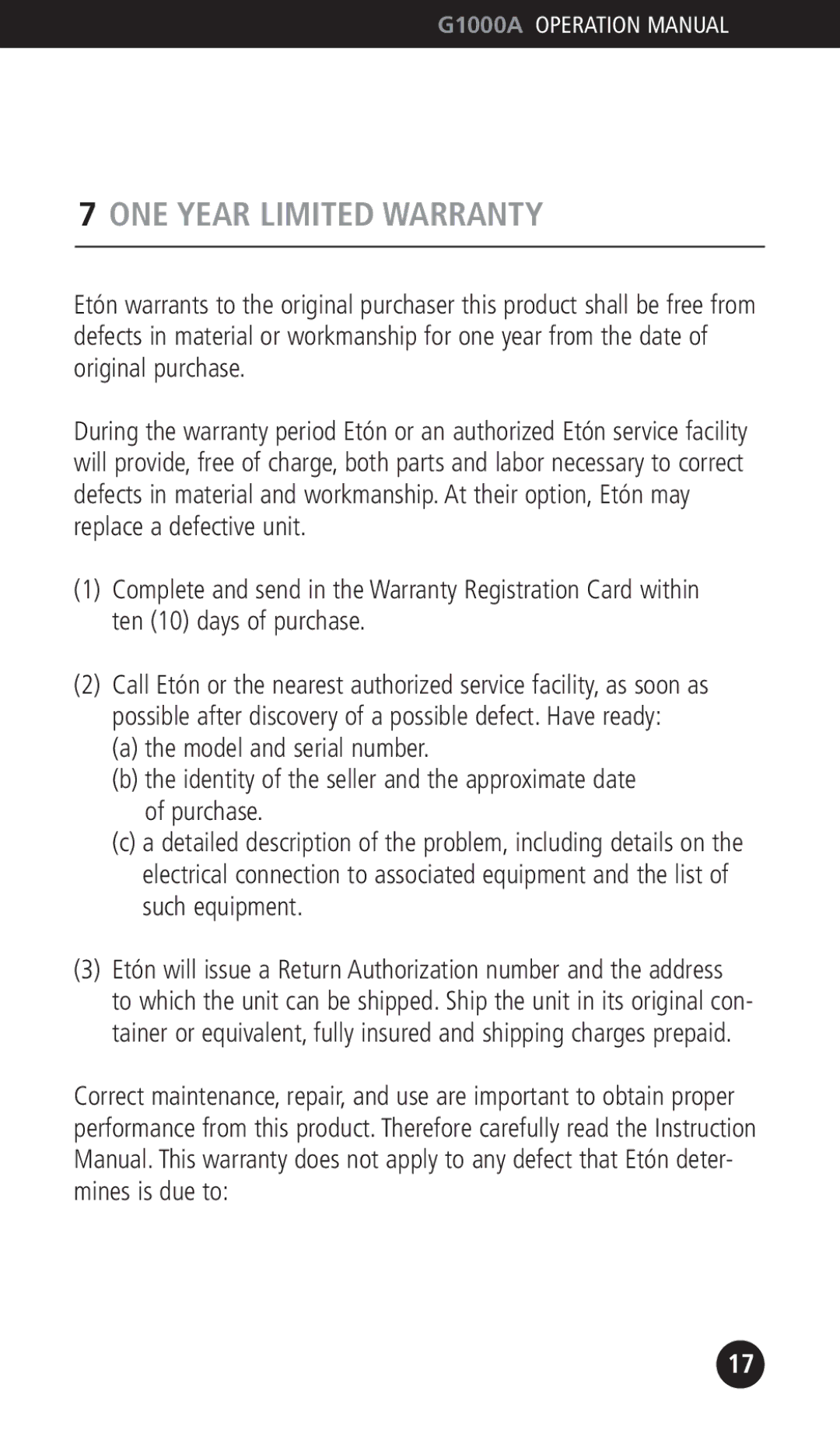 Eton G1000A operation manual ONE Year Limited Warranty 