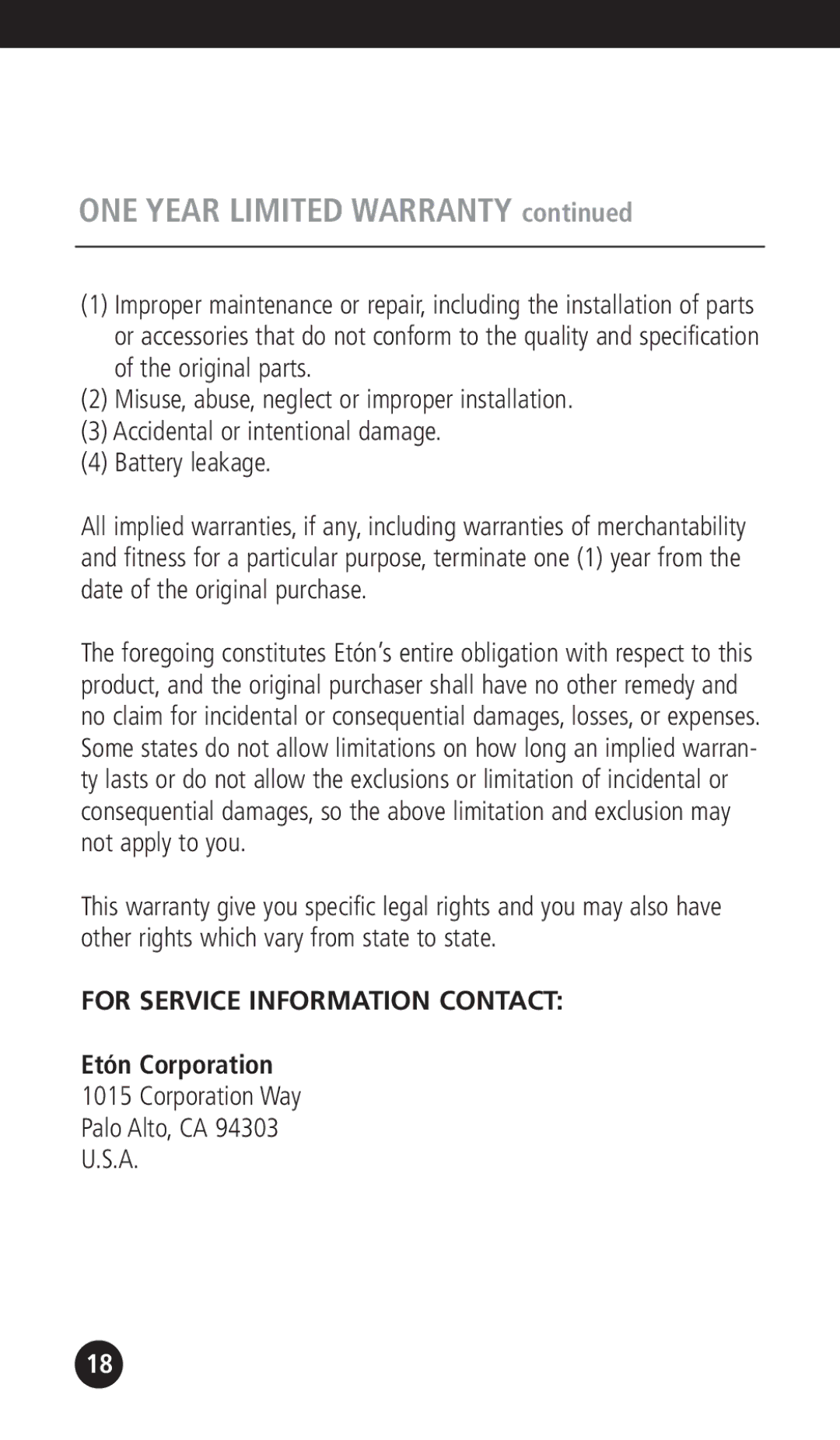 Eton G1000A operation manual ONE Year Limited Warranty, For Service Information Contact, Corporation Way Palo Alto, CA 