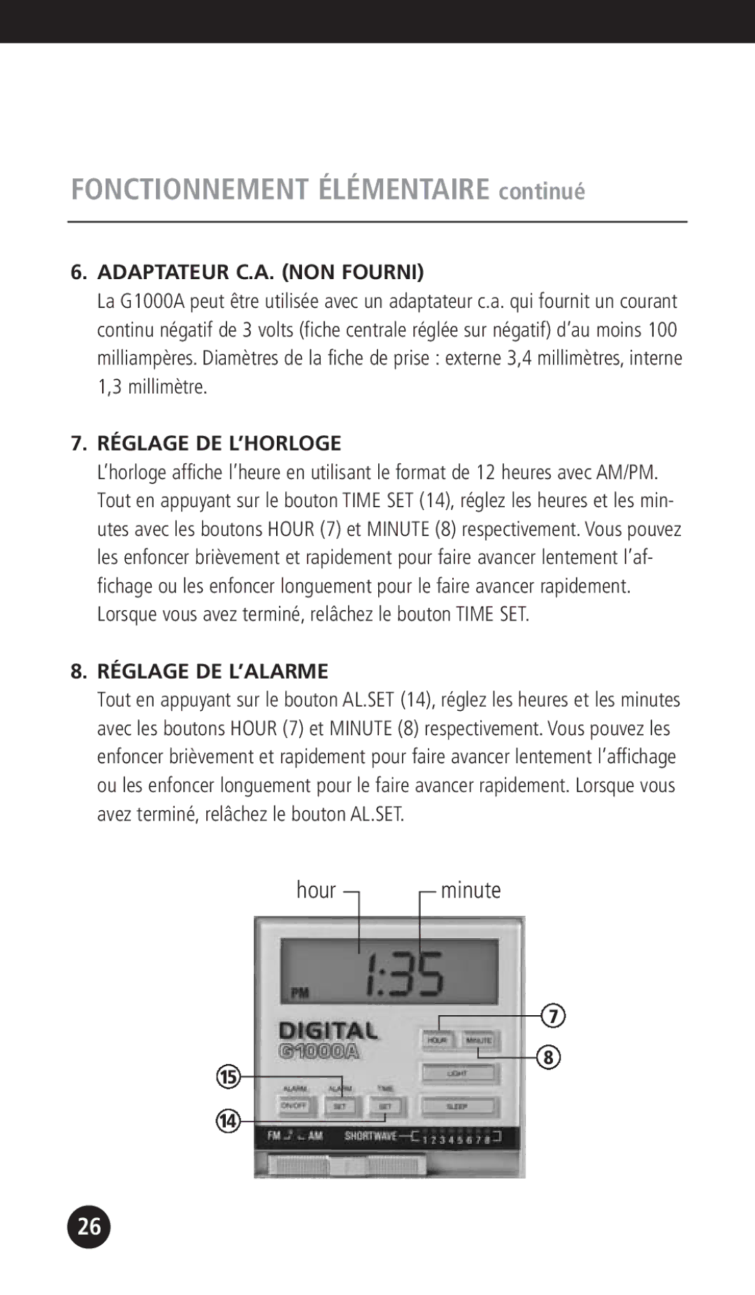 Eton G1000A Fonctionnement Élémentaire continué, Adaptateur C.A. NON Fourni, Réglage DE L’HORLOGE, Réglage DE L’ALARME 