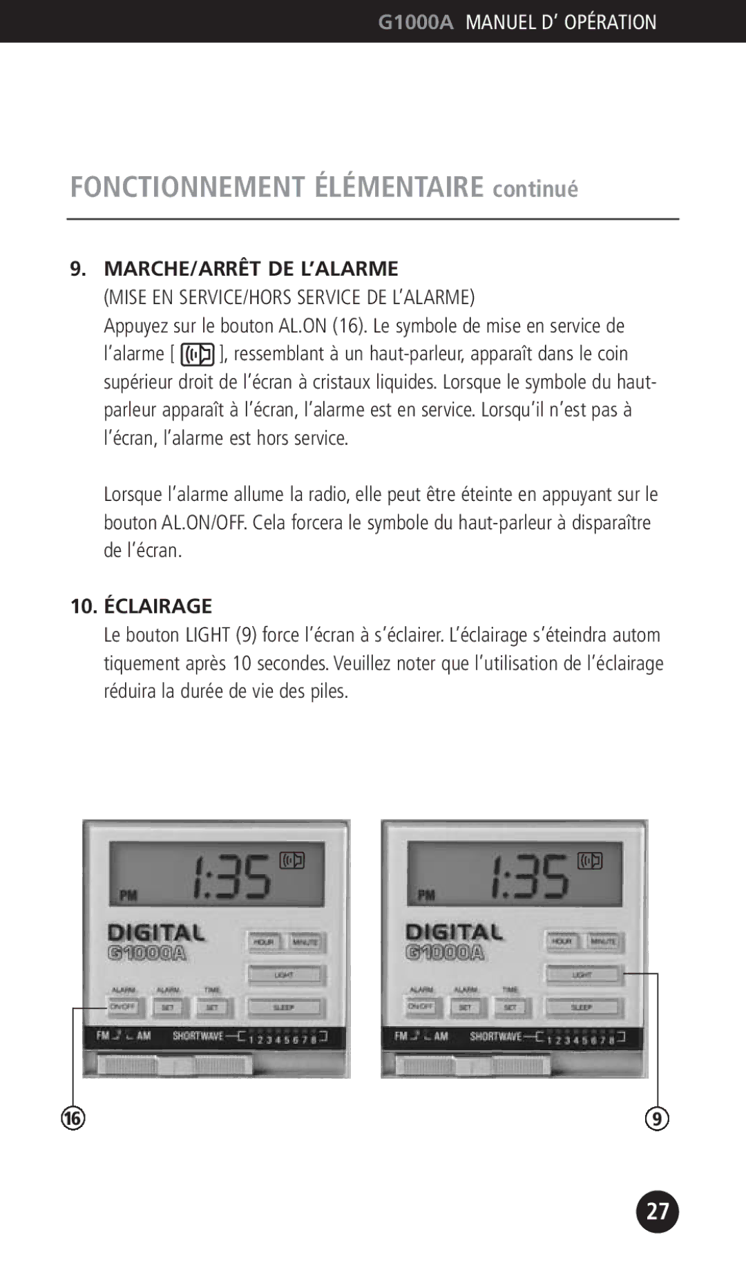 Eton G1000A operation manual Marche/Arrêt De L’Alarme, 10. Éclairage 