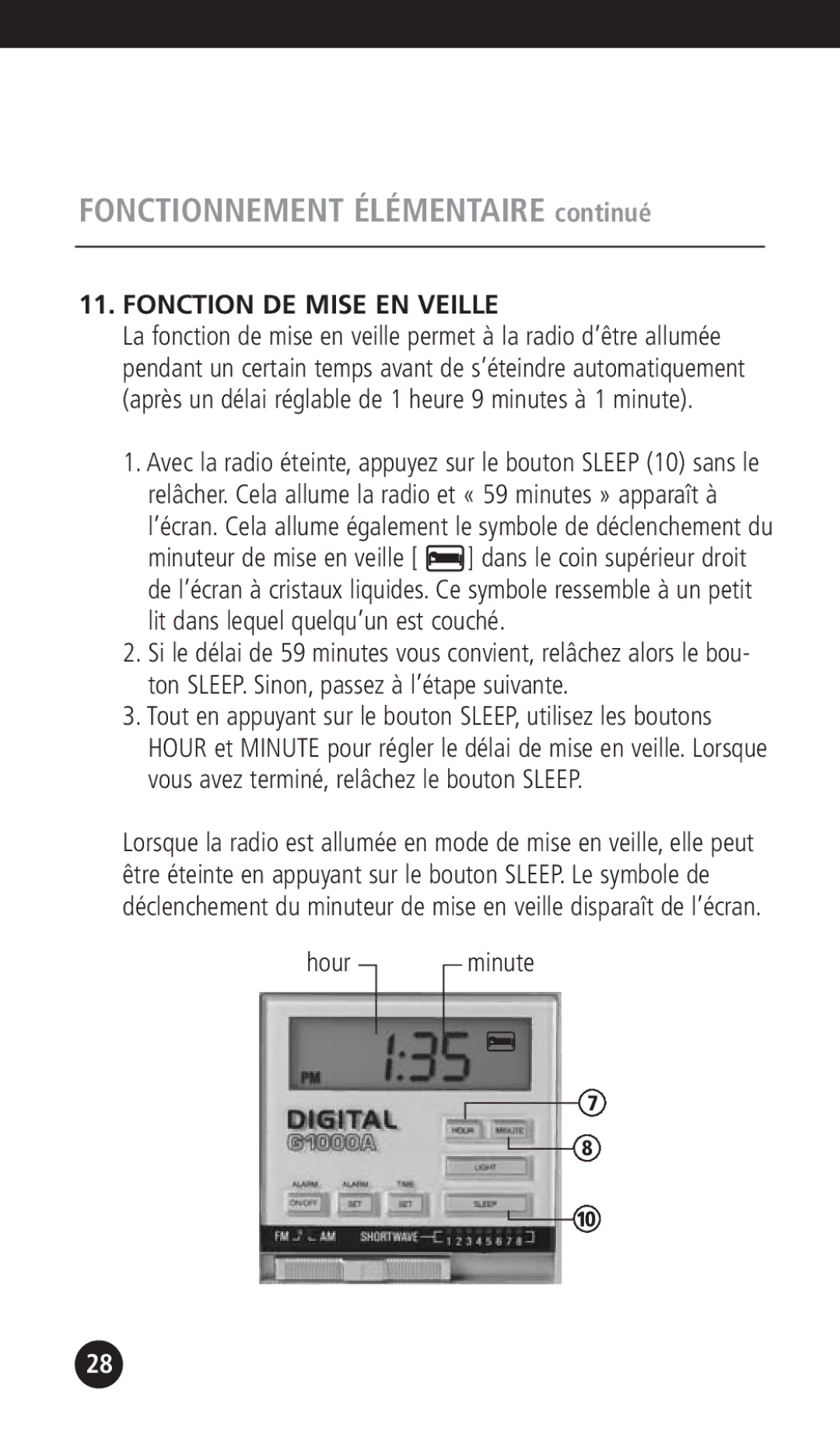 Eton G1000A operation manual Fonction DE Mise EN Veille 