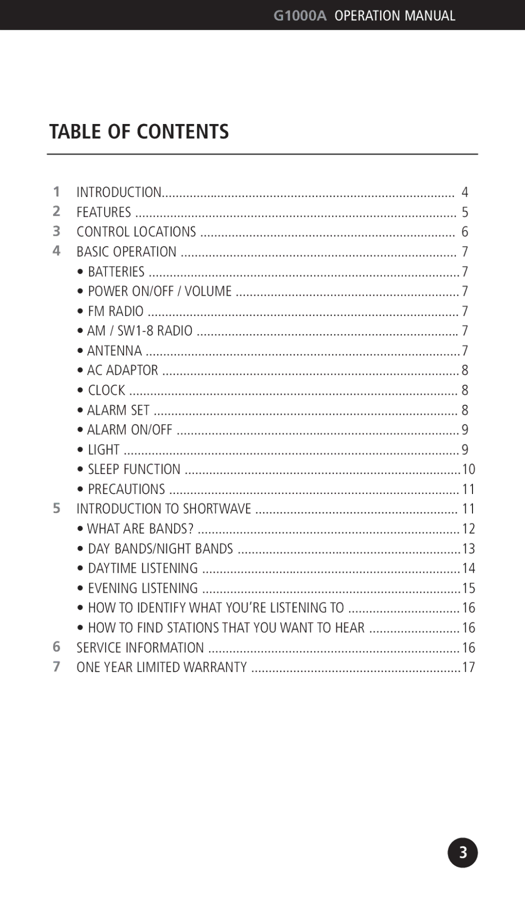 Eton G1000A operation manual Table of Contents 