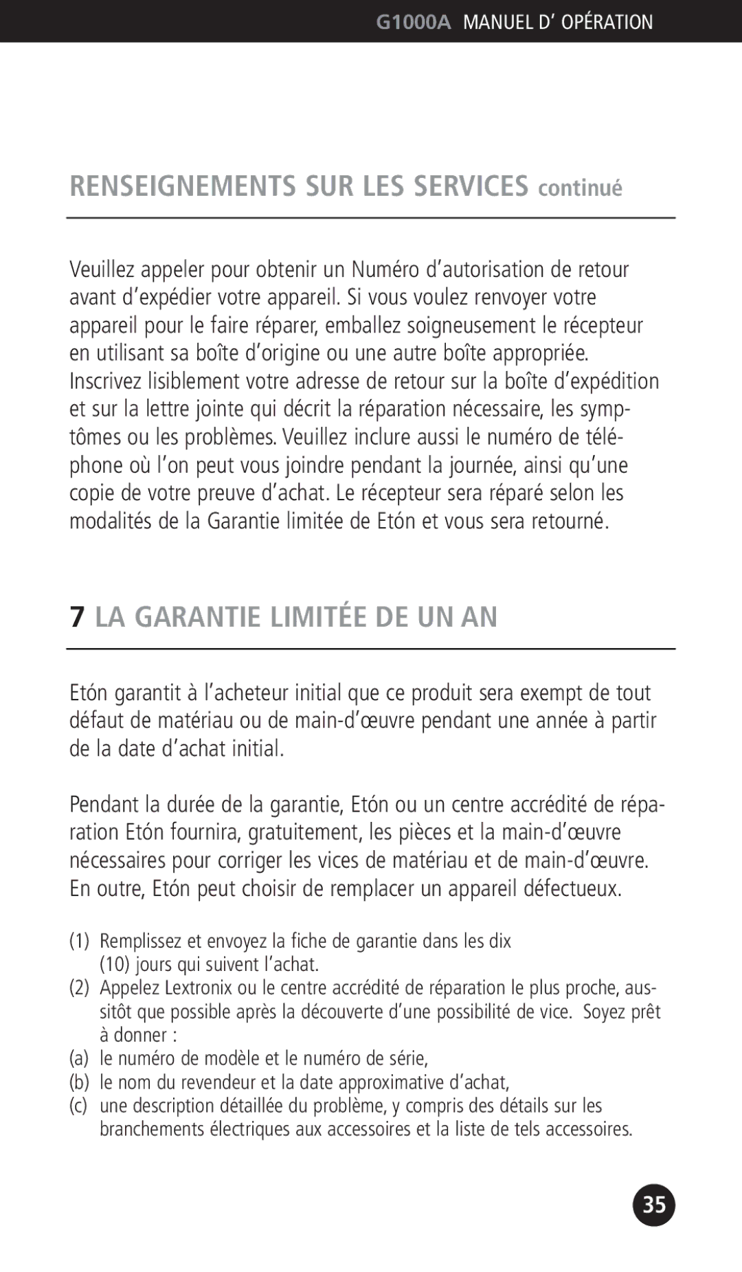 Eton G1000A operation manual Renseignements SUR LES Services continué, LA Garantie Limitée DE UN AN 