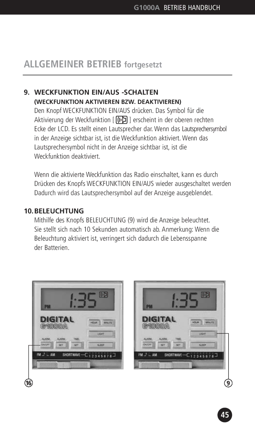 Eton G1000A operation manual Weckfunktion EIN/AUS -SCHALTEN, Beleuchtung 