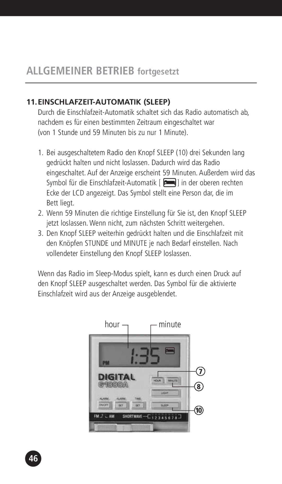 Eton G1000A operation manual EINSCHLAFZEIT-AUTOMATIK Sleep, Von 1 Stunde und 59 Minuten bis zu nur 1 Minute 