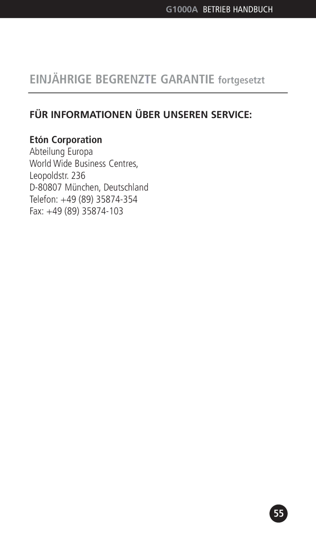 Eton G1000A operation manual FÜR Informationen Über Unseren Service 