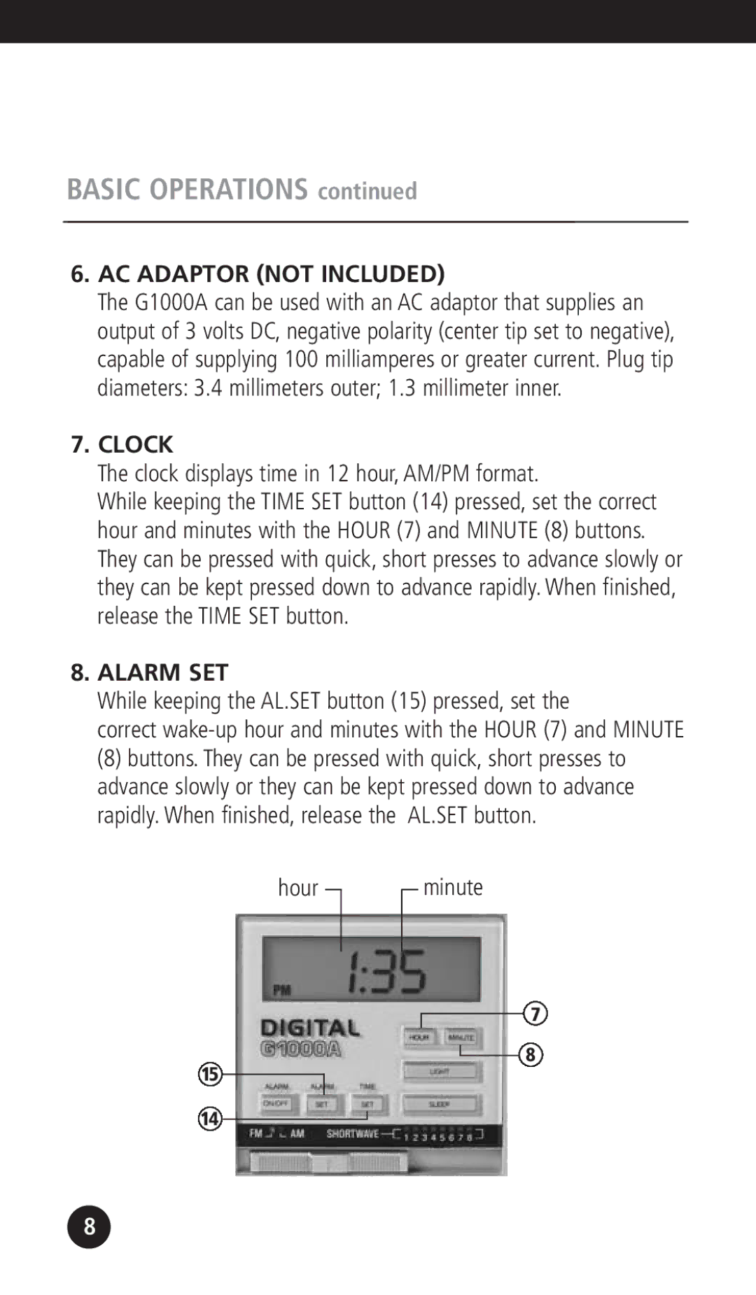 Eton G1000A operation manual Basic Operations, AC Adaptor not Included, Clock, Alarm SET 