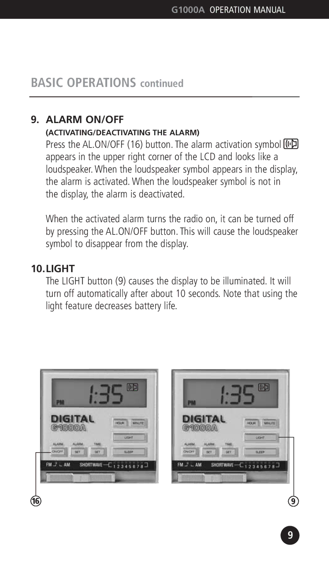 Eton G1000A operation manual Alarm ON/OFF, Light 