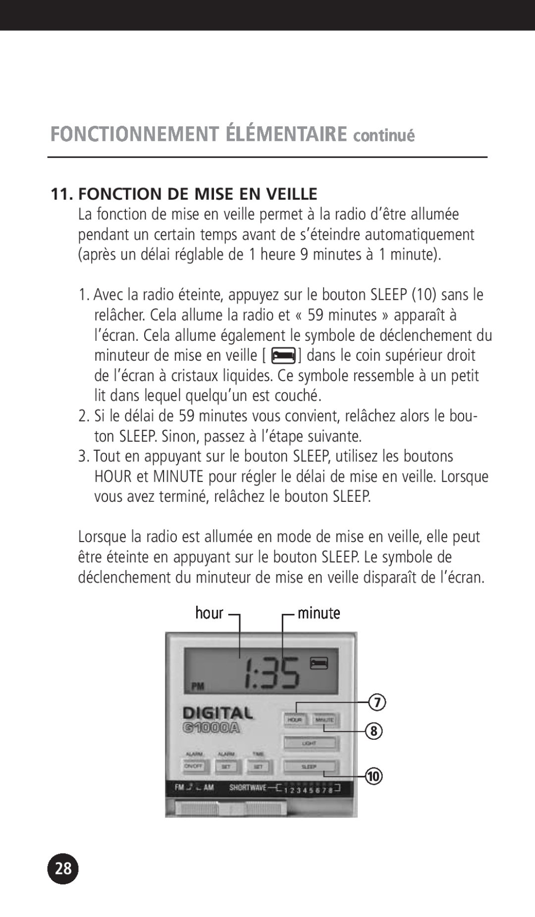 Eton G1000A operation manual Fonction De Mise En Veille, FONCTIONNEMENT ÉLÉMENTAIRE continué, hour, minute 
