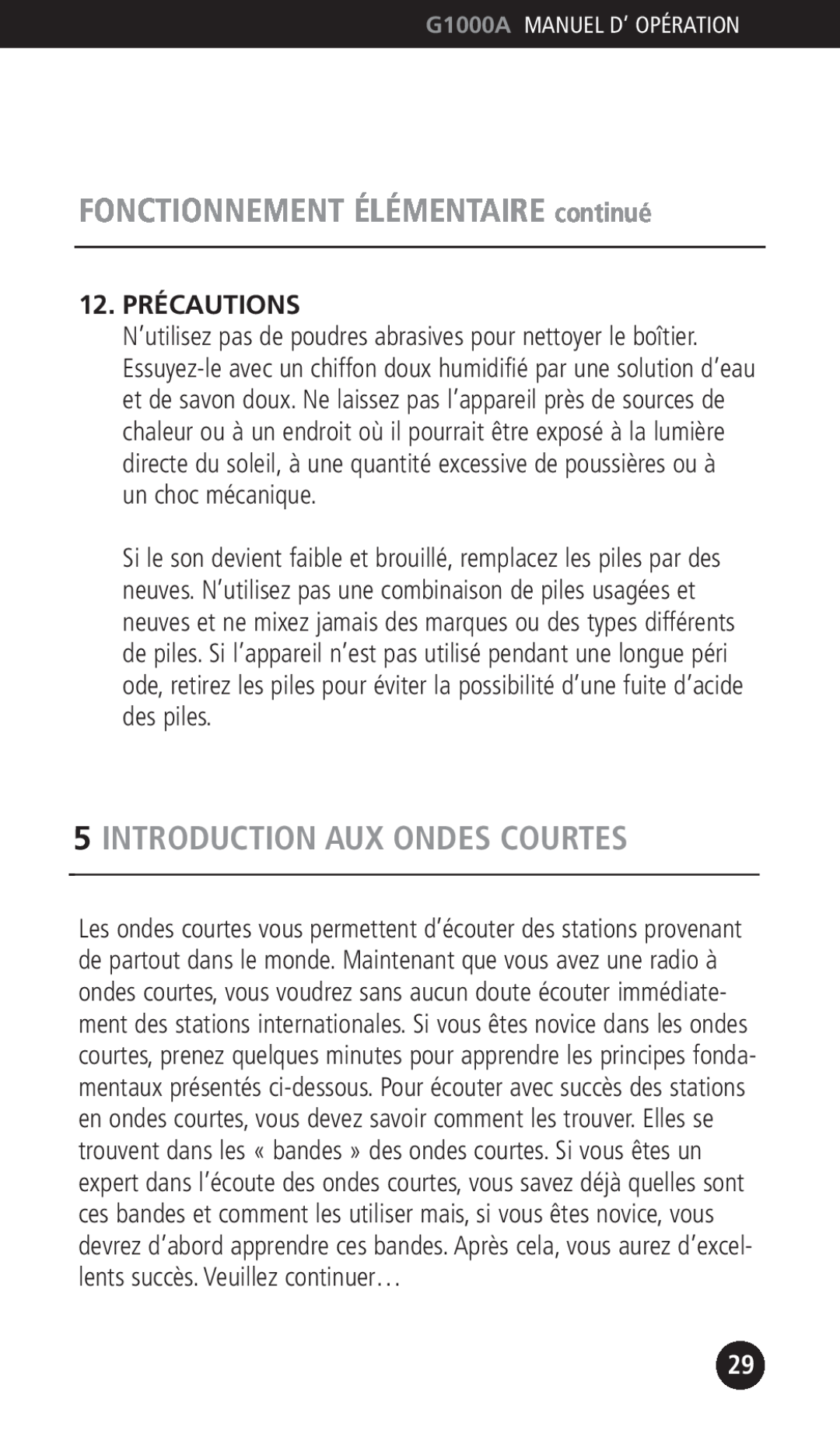 Eton G1000A operation manual Introduction Aux Ondes Courtes, 12.PRÉCAUTIONS, FONCTIONNEMENT ÉLÉMENTAIRE continué 