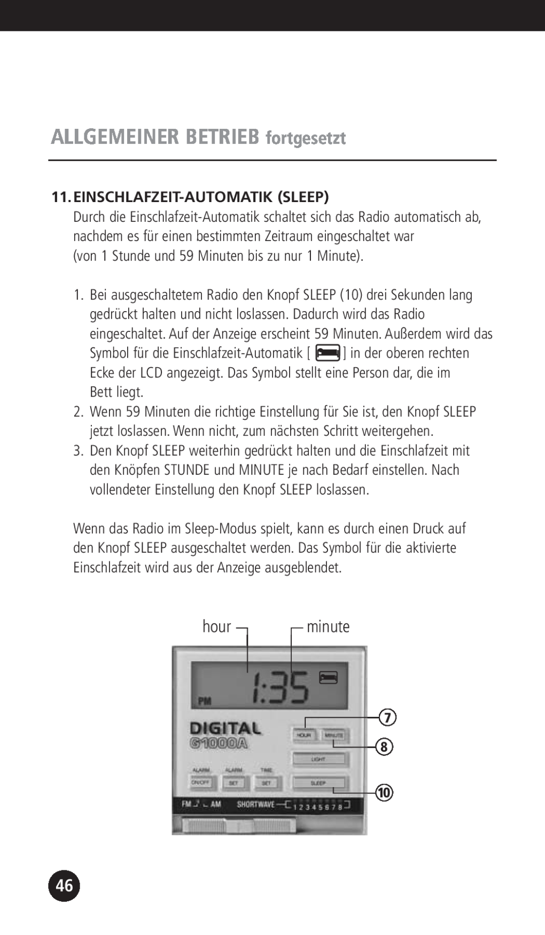 Eton G1000A operation manual Einschlafzeit-Automatiksleep, ALLGEMEINER BETRIEB fortgesetzt, hour, minute 