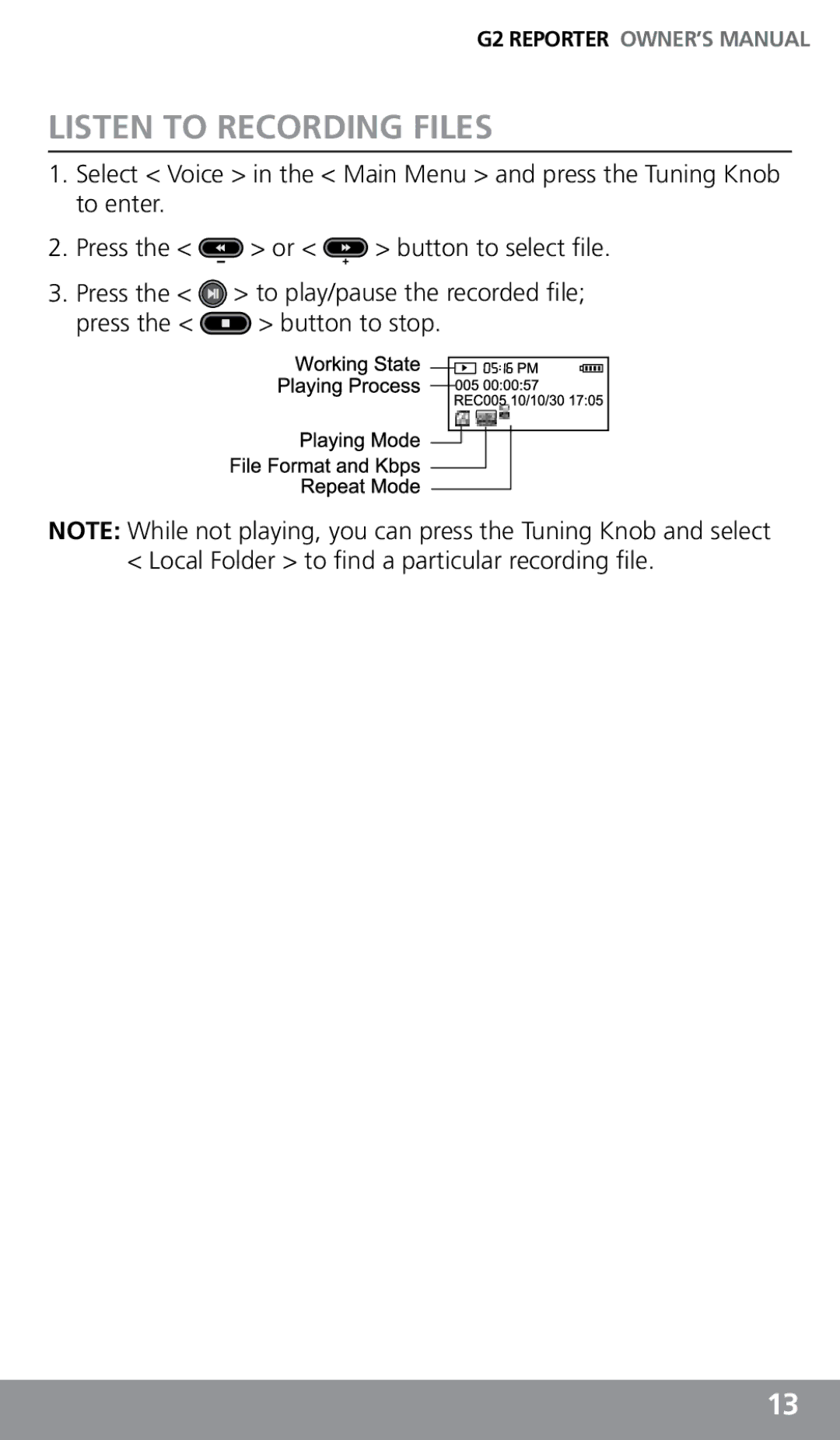 Eton G2 owner manual Listen to Recording Files 