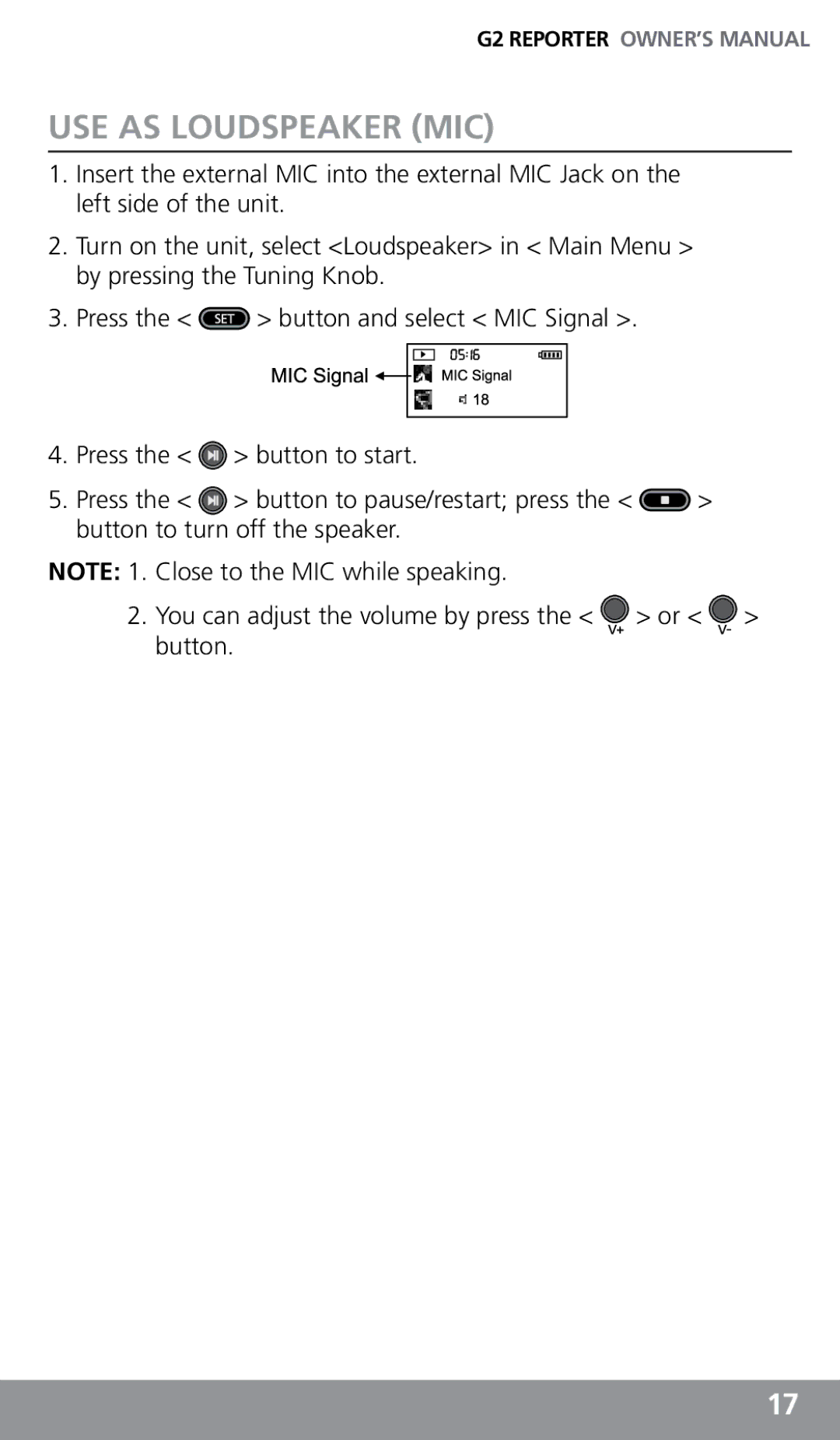 Eton G2 owner manual Use as Loudspeaker mic 