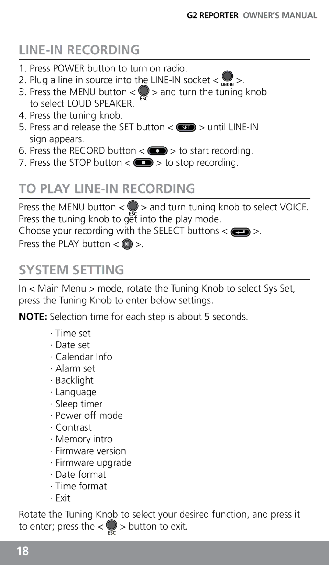 Eton G2 owner manual To Play LINE-IN Recording, System Setting 