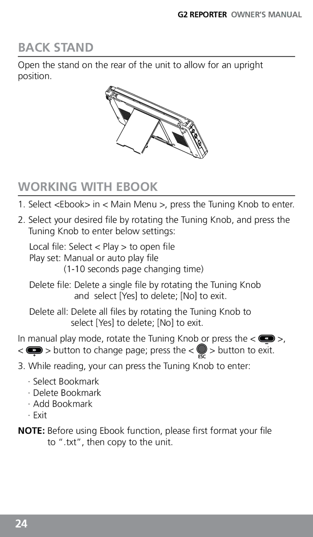 Eton G2 owner manual Back stand, Working with ebook, · Select Bookmark · Delete Bookmark · Add Bookmark · Exit 