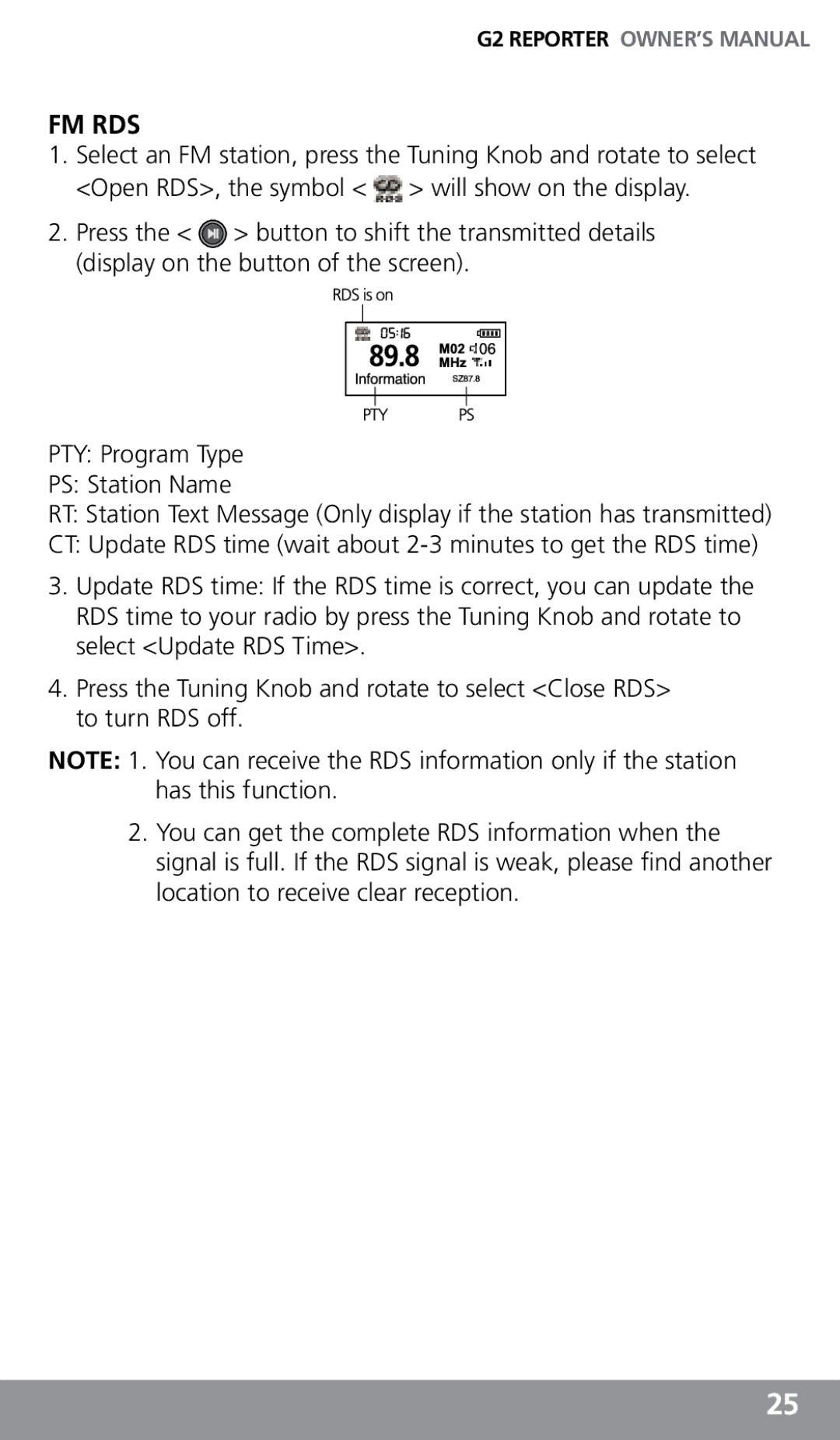 Eton G2 owner manual Fm Rds 