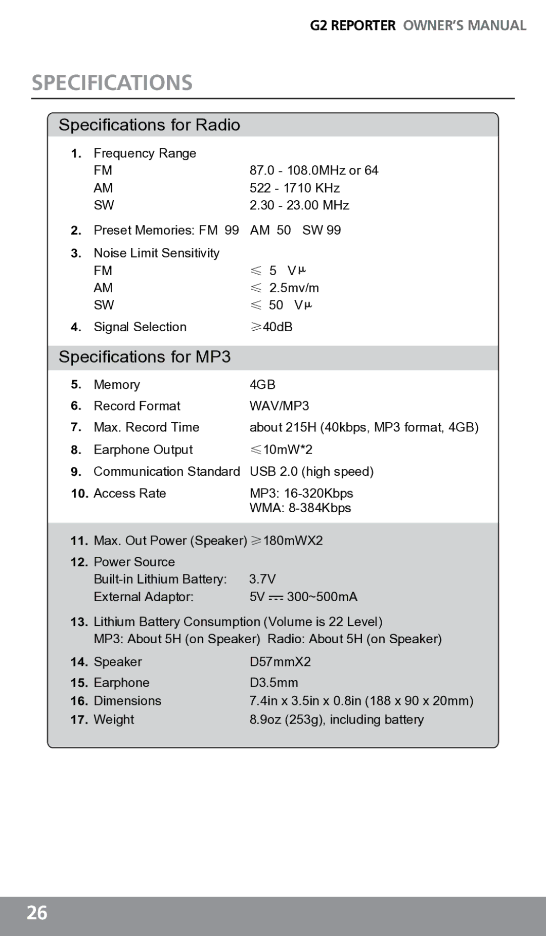 Eton G2 owner manual Specifications for Radio, Specifications for MP3 