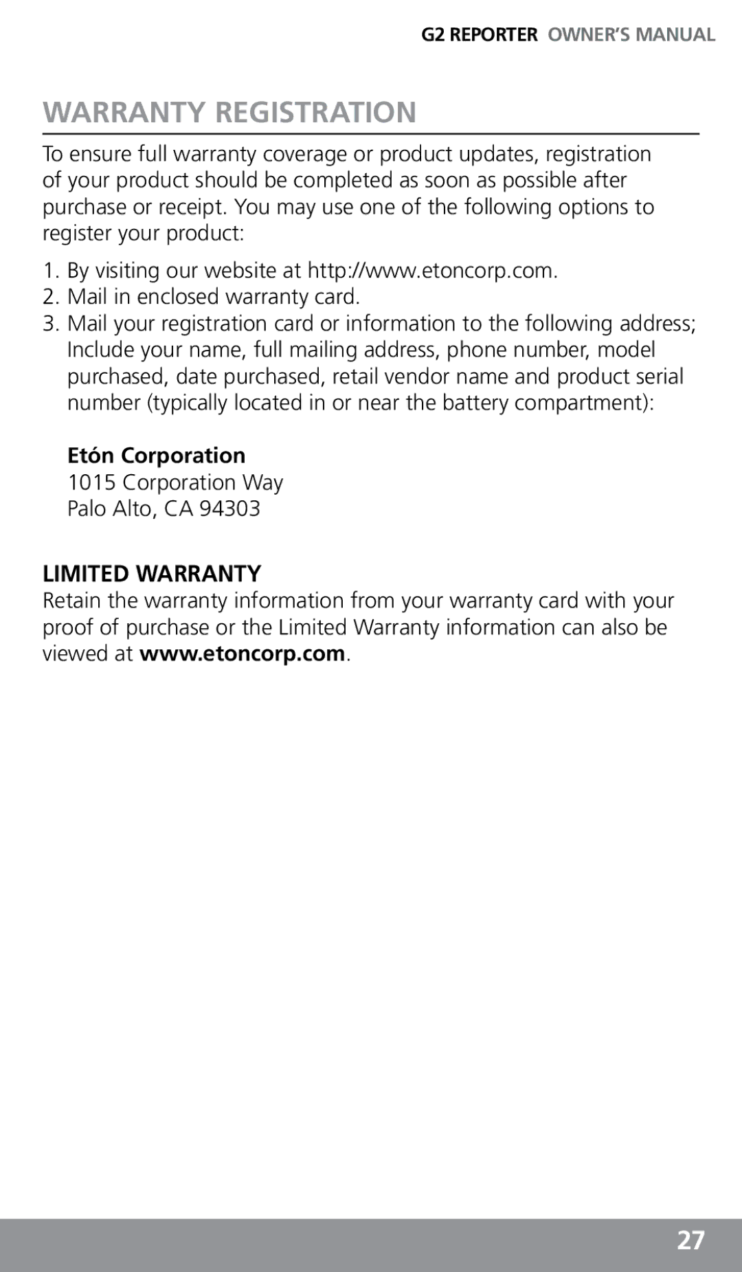 Eton G2 owner manual Warranty Registration 