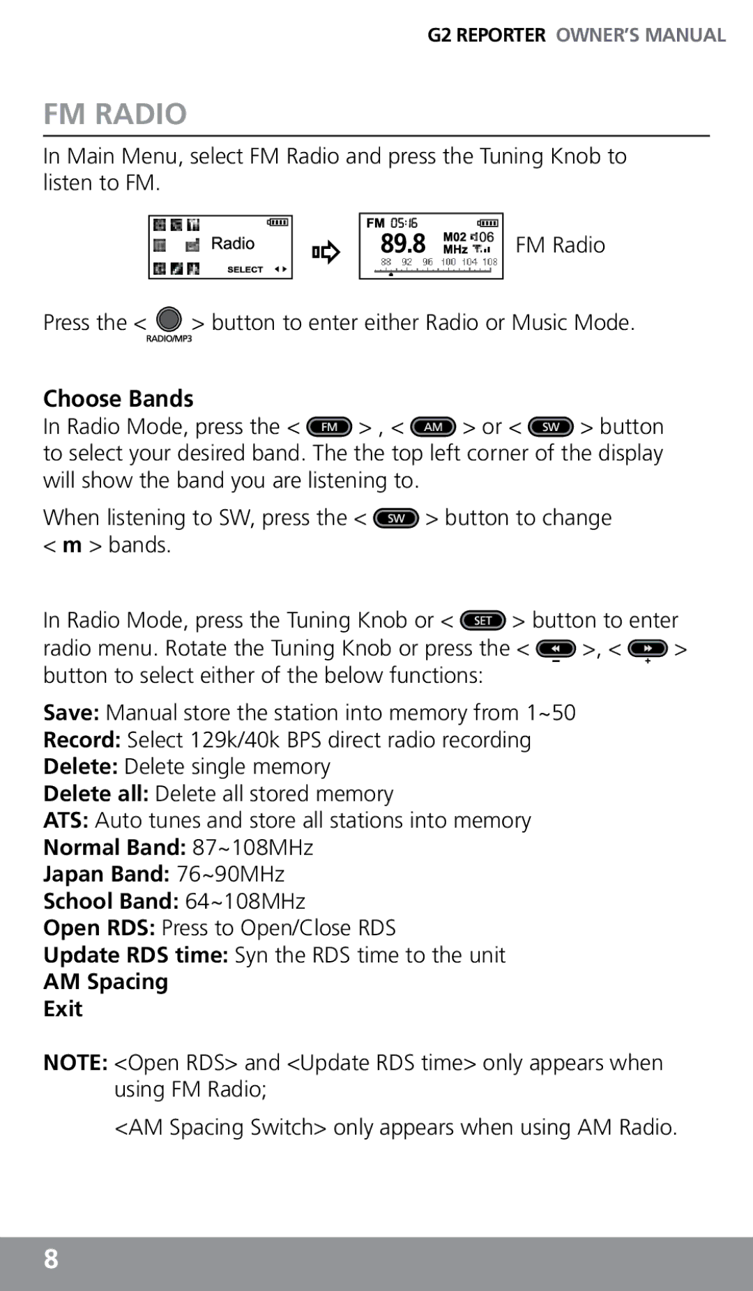 Eton G2 owner manual FM Radio, Choose Bands, AM Spacing Switch only appears when using AM Radio 