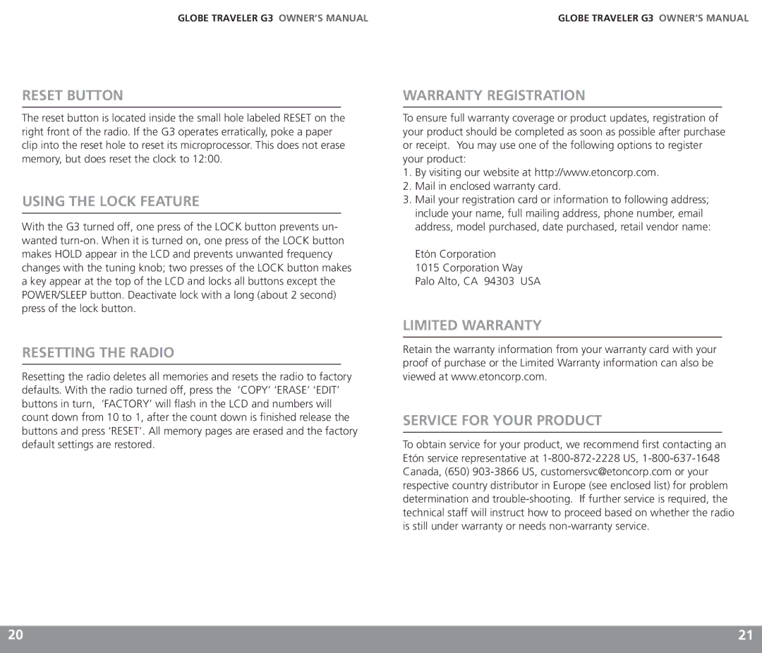 Eton G3 owner manual Reset Button, Using the Lock Feature, Resetting the Radio, Warranty Registration 