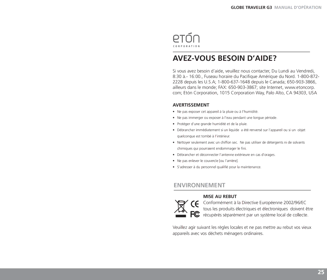 Eton G3 owner manual AVEZ-VOUS Besoin D’AIDE?, Environnement 