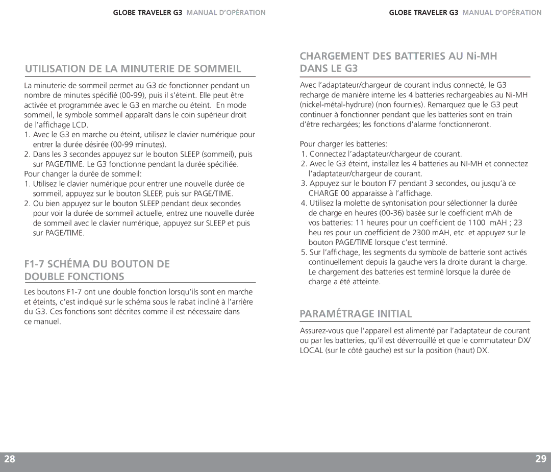 Eton G3 owner manual Utilisation DE LA Minuterie DE Sommeil, F1-7 Schéma DU Bouton DE Double Fonctions, Paramétrage Initial 