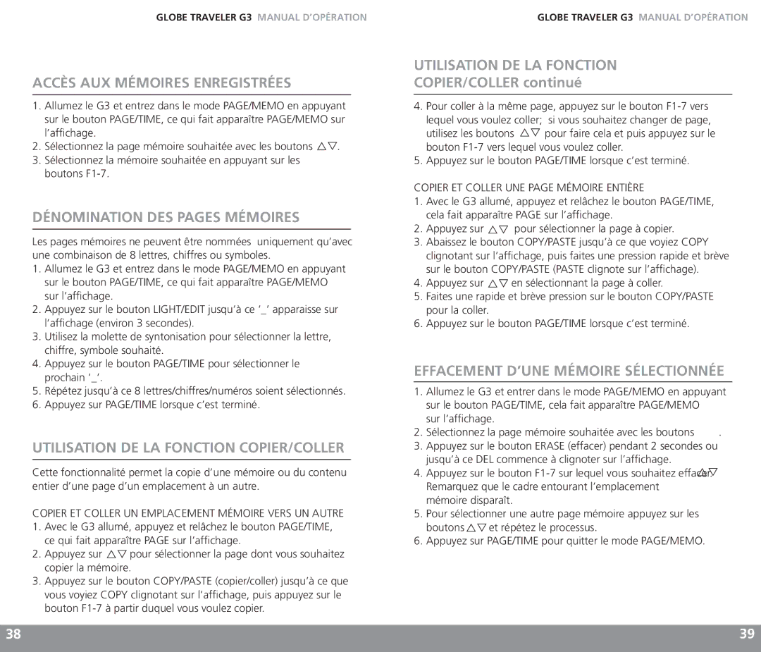 Eton G3 Accès AUX Mémoires Enregistrées, Dénomination DES Pages Mémoires, Utilisation DE LA Fonction COPIER/COLLER 