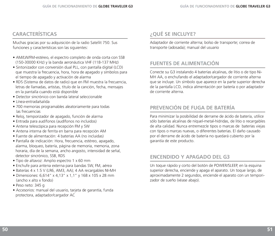 Eton G3 owner manual Características, ¿Qué Se Incluye?, Fuentes DE Alimentación, Prevención DE Fuga DE Batería 