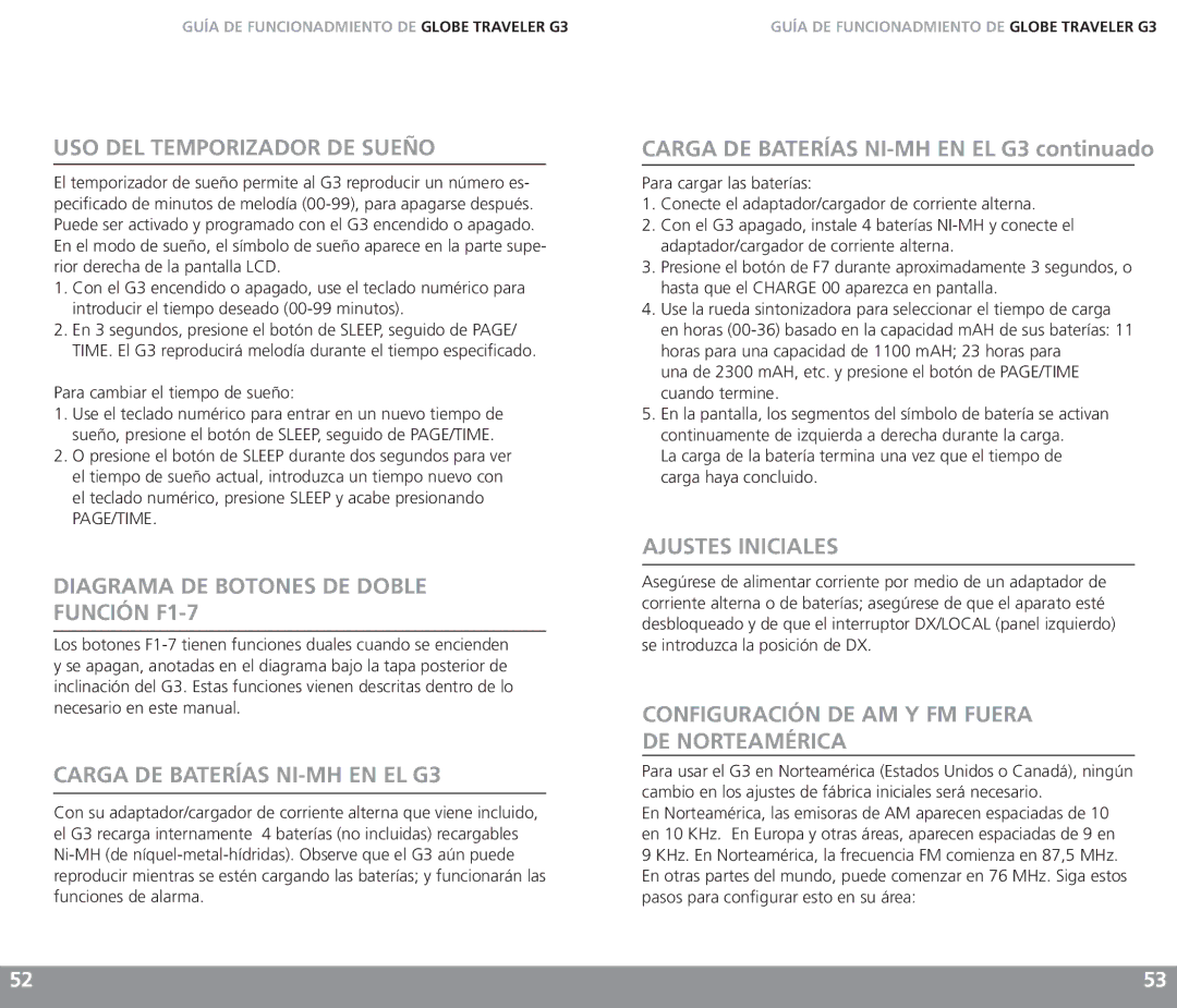 Eton USO DEL Temporizador DE Sueño, Diagrama DE Botones DE Doble Función F1-7, Carga DE Baterías NI-MH EN EL G3 