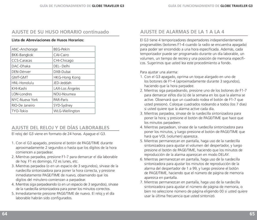 Eton G3 Ajuste DE SU Huso Horario continuado, Ajuste DEL Reloj Y DE Días Laborables, Ajuste DE Alarmas DE LA 1 a LA 