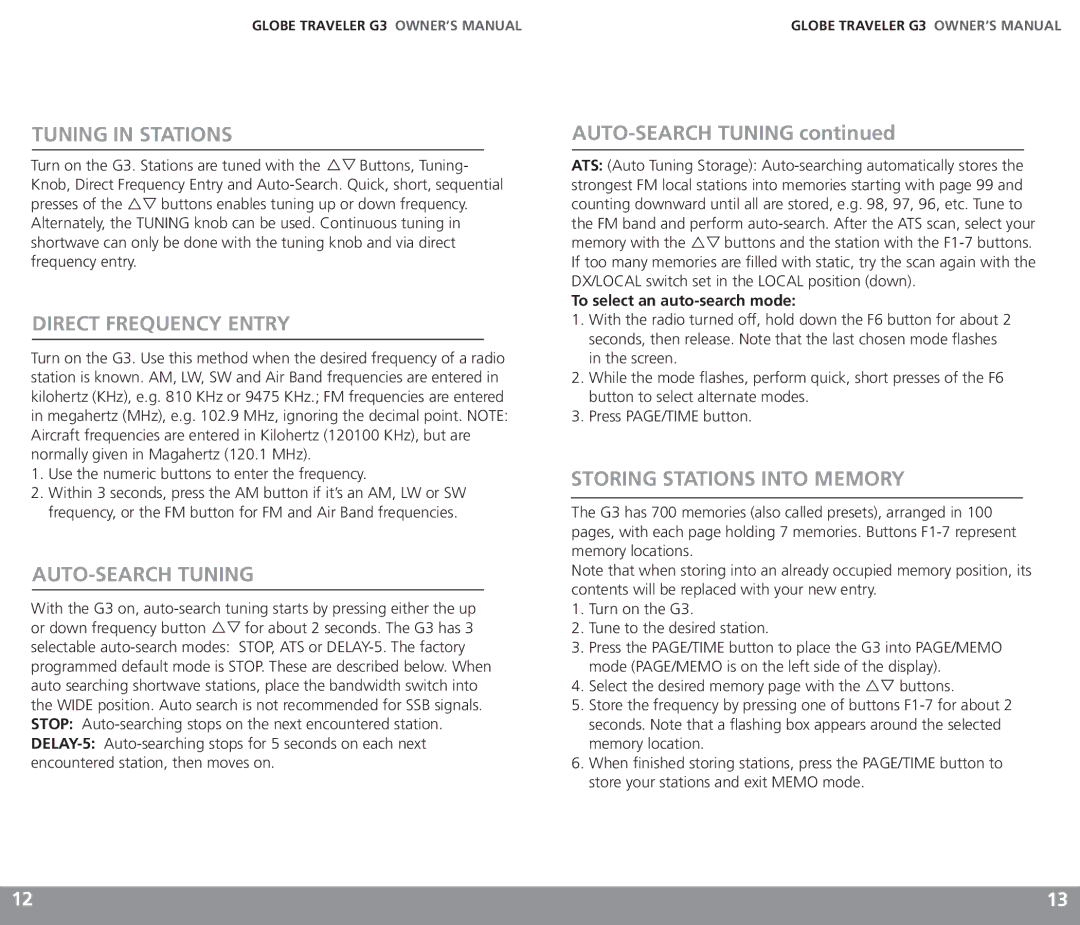 Eton G3 owner manual Tuning in Stations, Direct Frequency Entry, AUTO-SEARCH Tuning, Storing Stations Into Memory 