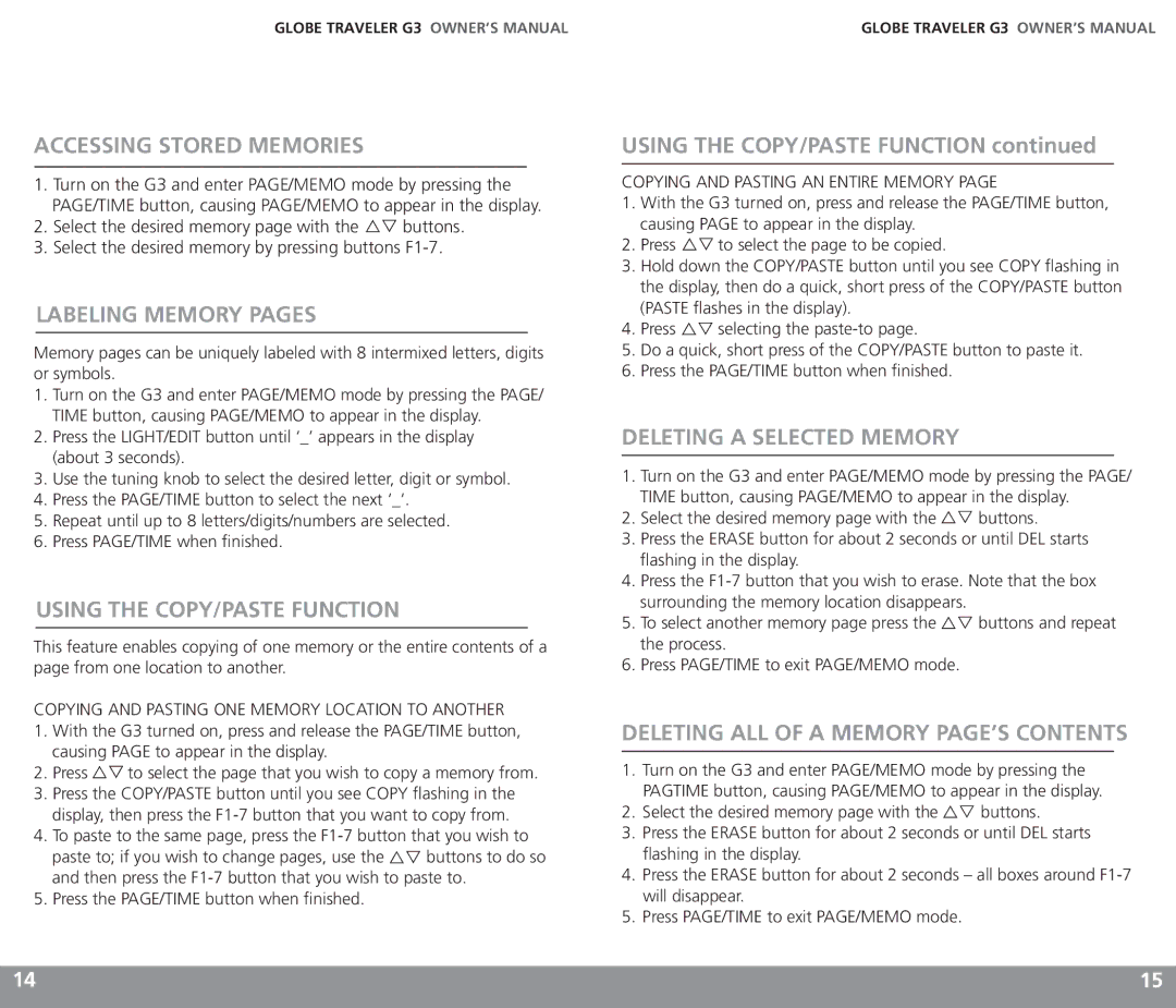 Eton G3 Accessing Stored Memories, Labeling Memory Pages, Using the COPY/PASTE Function, Deleting a Selected Memory 