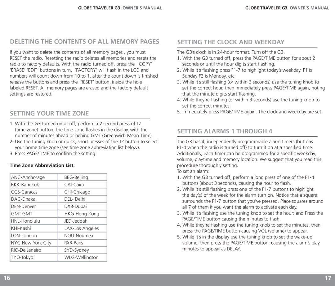 Eton G3 owner manual Deleting the Contents of ALL Memory Pages, Setting Your Time Zone, Setting the Clock and Weekday 