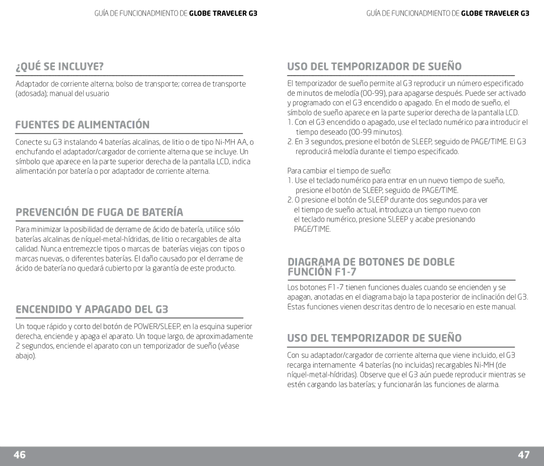 Eton owner manual ¿Qué Se Incluye?, Fuentes DE Alimentación, Prevención DE Fuga DE Batería, Encendido Y Apagado DEL G3 