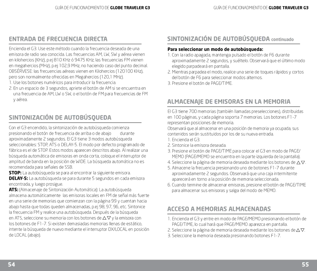 Eton G3 Entrada DE Frecuencia Directa, Sintonización DE Autobúsqueda continuado, Almacenaje DE Emisoras EN LA Memoria 