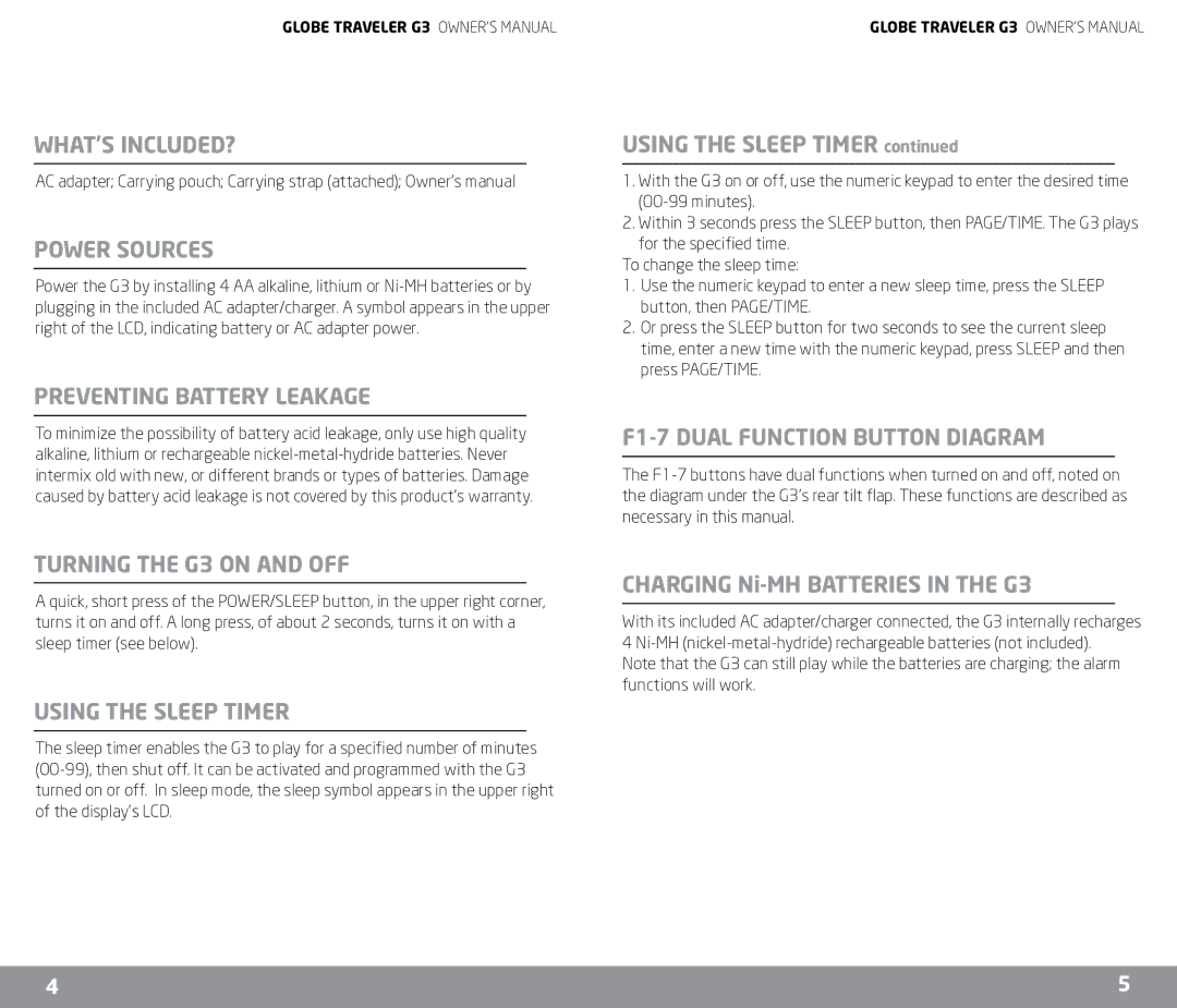 Eton WHAT’S INCLUDED? Power Sources, Preventing Battery Leakage, Turning the G3 on and OFF, Using the Sleep Timer 